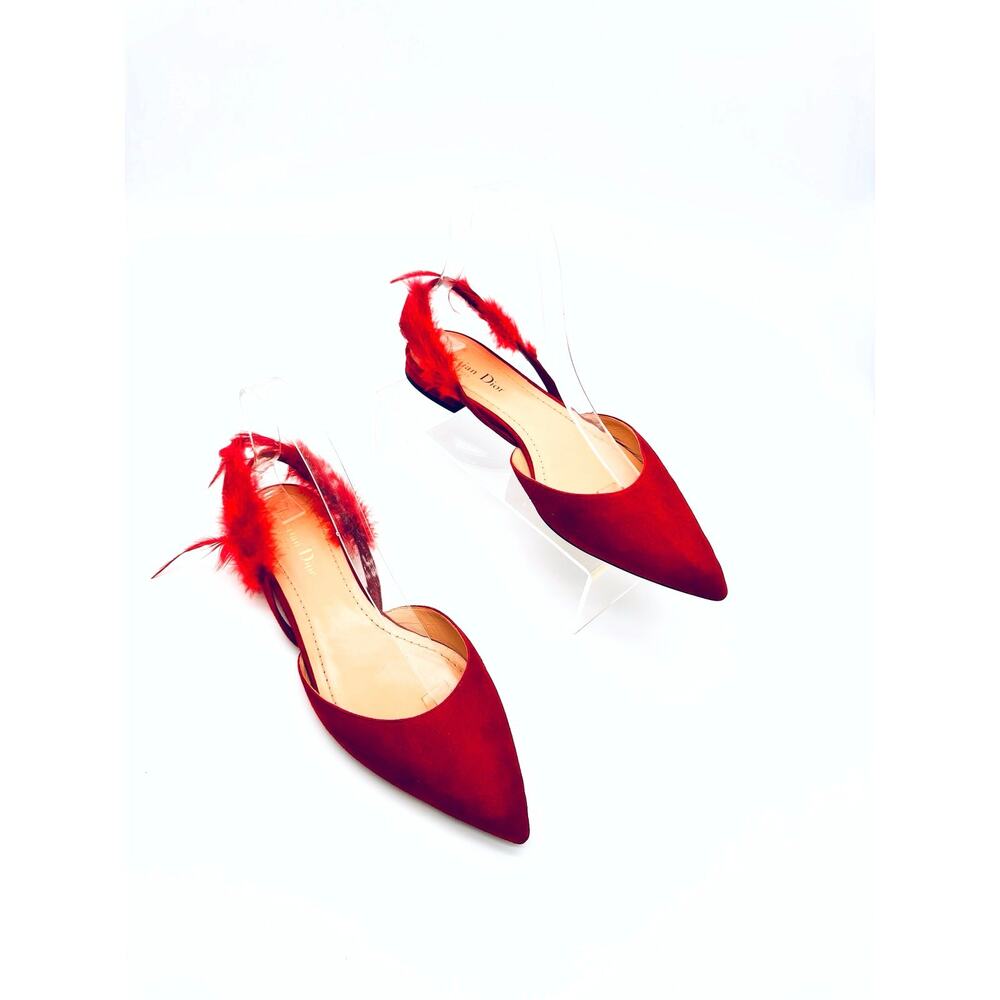 Christian Dior Ethnie Red Suede Feather Trim Slingback Flats EU 38